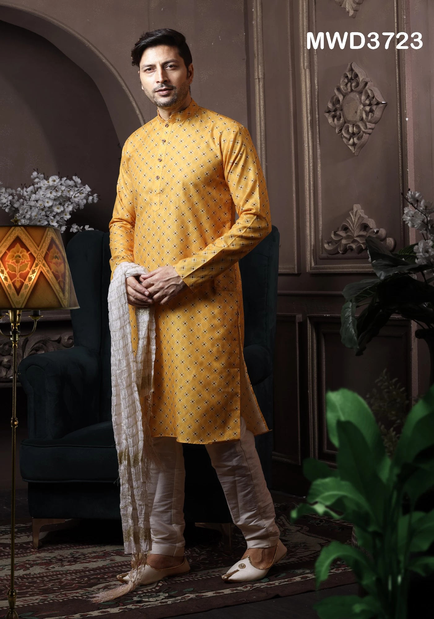 Yellow Readymade Printed Kurta Pajama For Men, 36-1.webp
